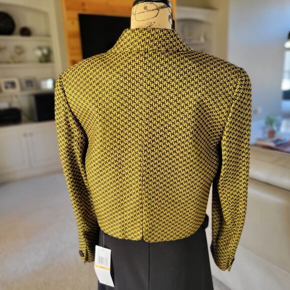 Ann May Womens Cropped Blazer Jacket Woven Silk Yellow & Black Patterned-SZ10 - Picture 3 of 8